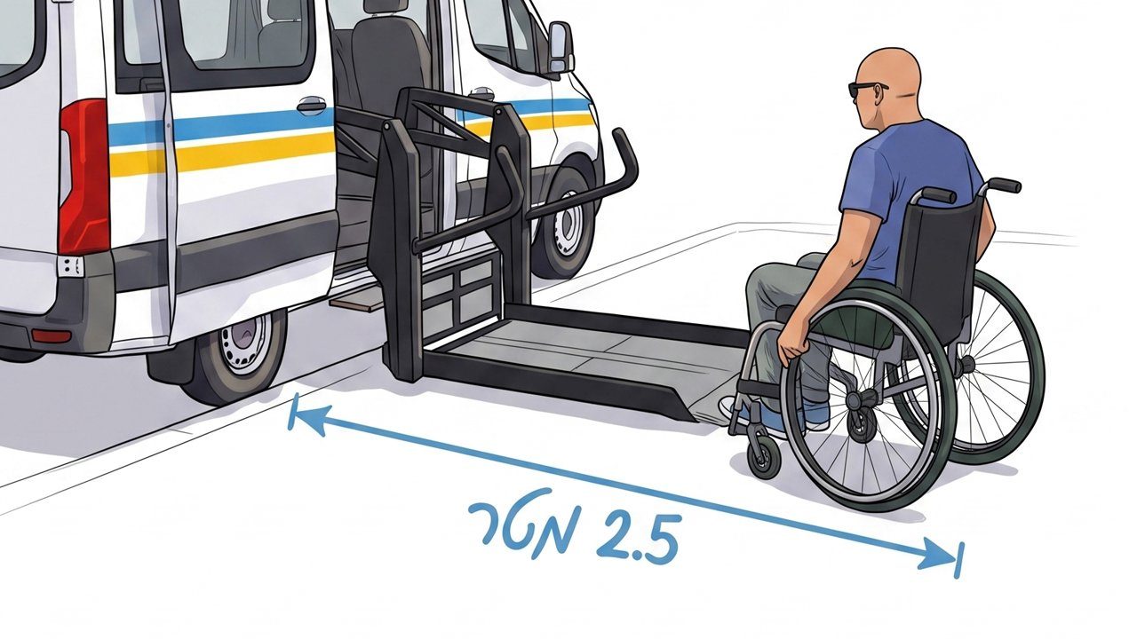 המחשה של מדידת 2.5 מטר בין המעלון לכיסא הגלגלים