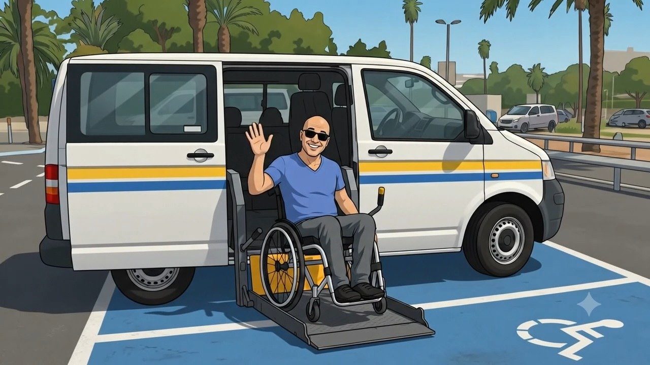 אדם עולה לרכבו ומנופף לשלום מחניית נכים פנויה